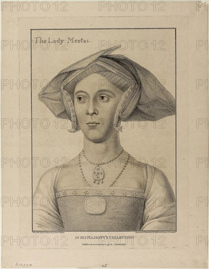 Lady Meutas, August 12, 1795, Francesco Bartolozzi (Italian, 1727-1815), after Hans Holbein the younger (German, 1497-1543), Italy, Stipple engraving on buff wove paper, 287 x 205 mm (image), 329 x 223 mm (plate), 378 x 294 mm (sheet)