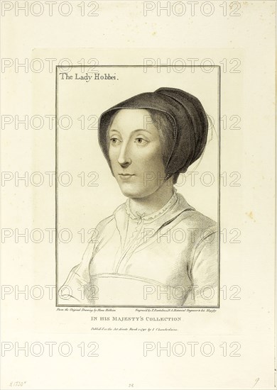 Lady Hobby, March 1, 1793, Francesco Bartolozzi (Italian, 1727-1815), after Hans Holbein the younger (German, 1497-1543), Italy, Stipple engraving on ivory wove paper, 289 x 197 mm (image), 343 x 255 mm (plate), 463 x 327 mm (sheet)