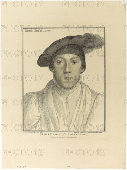 Thomas Earl of Surrey, April 1, 1795, Francesco Bartolozzi (Italian, 1727-1815), after Hans Holbein the younger (German, 1497-1543), Italy, Stipple engraving on cream wove paper, 253 x 202 mm (image), 286 x 228 mm (plate), 410 x 303 mm (sheet)