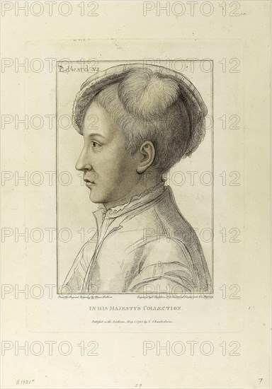 Edward VI, May 1, 1793, Francesco Bartolozzi (Italian, 1727-1815), after Hans Holbein the younger (German, 1497-1543), Italy, Stipple engraving on cream wove paper, 274 x 184 mm (image), 345 x 256 mm (plate), 458 x 316 mm (sheet)
