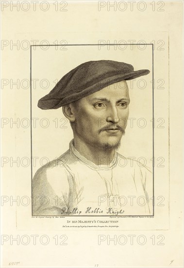 Sir Philip Hobby, August 25, 1796, Francesco Bartolozzi (Italian, 1727-1815), after Hans Holbein the younger (German, 1497-1543), Italy, Stipple engraving on cream wove paper, 305 x 219 mm (image), 354 x 275 mm (plate), 469 x 322 mm (sheet)