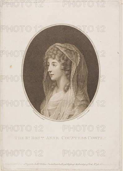 Anne Countess Cowper, published January 12, 1798, Francesco Bartolozzi (Italian, 1727-1815), after William Hamilton (English, 1751-1801), Italy, Stipple engraving on paper, 265 x 185 mm (plate), 271 x 192 mm (sheet)