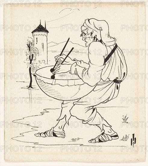 Man with Drum, c. 1893, Attributed to Aubrey Vincent Beardsley, English, 1872-1898, England, Pen and black ink, over traces of graphite, on ivory wove paper, laid down on tan wove paper, 81 × 74 mm