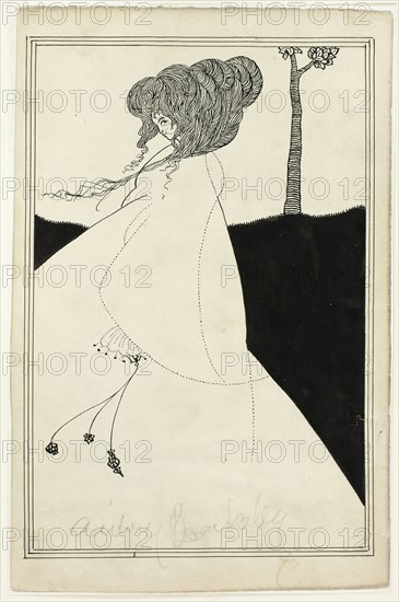 Woman with Elaborate Coiffure, 1892/98, Aubrey Vincent Beardsley, imitator of, English, 1872-1898, England, Pen and brush and black ink, over traces of graphite, on cream wove paper, laid down on ivory wove paper, 231 × 150 mm