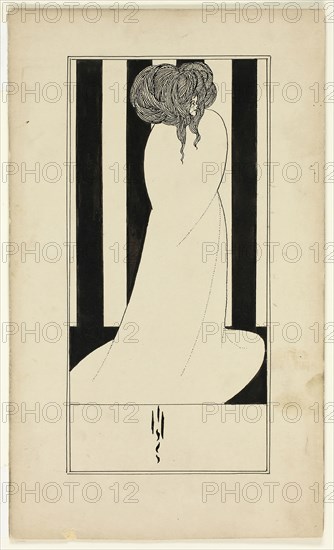 Woman Against Striped Wallpaper, 1892/98, Aubrey Vincent Beardsley, imitator of, English, 1872-1898, England, Pen and brush and black ink, over traces of graphite, on buff wove paper, laid down on board, 268 × 160 mm