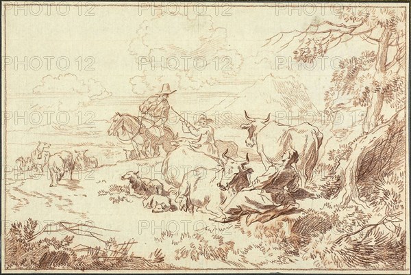 Cattle and Sheep with Shepherds and Shepherdess, n.d., Abraham Jansz Begeyn (Dutch c. 1637-1697), after Nicolaes Berchem the Elder (Dutch, 1621/22-1683), or Dirck van den Bergen (Dutch, 1640-1695), Holland, Red chalk, over traces of graphite, on ivory laid paper, tipped onto board, 203 x 304 mm