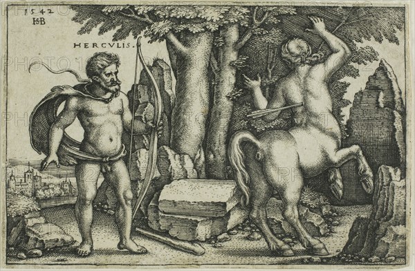Hercules and Nessus, from The Labors of Hercules, 1542, Sebald Beham, German, 1500-1550, Germany, Engraving in black on ivory laid paper, 50 x 78 mm (image/plate), 52 x 79 mm (sheet)