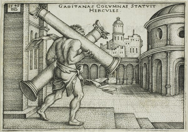 Hercules and Columns of Gaza, from The Labors of Hercules, 1545, Sebald Beham, German, 1500-1550, Germany, Engraving in black on ivory laid paper, 48 x 70 mm (image/plate), 49 x 72 mm (sheet)