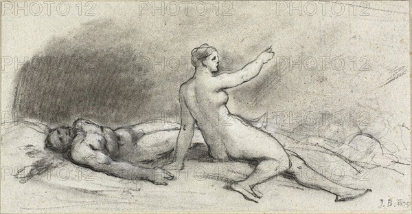 Nude Woman Seated with Nude Man Asleep (recto), Female Torso Seen from Behind (verso), 1875 (recto), c. 1875 (verso), Jean Béraud, French, 1849-1935, France, Black and white chalk, with stumping (recto), and black chalk (verso), on blue laid paper, 178 × 345 mm