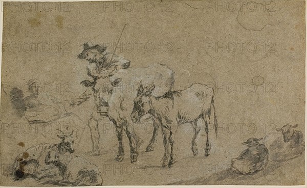 Herdsman with Cow, Donkey, Sheep, after Nicolaes Berchem the Elder, Dutch, 1621/22-1683, Holland, Brush and brown wash, heightened with white chalk, on brown laid paper, laid down on card, 187 x 305 mm