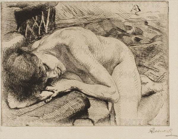 The Sleeping Model, 1885, Albert Besnard, French, 1849-1934, France, Etching with drypoint, aquatint and roulette on ivory wove paper, 176 × 236 mm (image), 208 × 261 mm (plate), 317 × 404 mm (sheet)