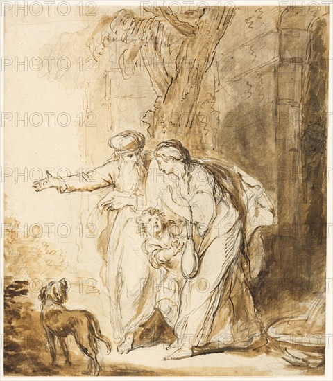 Abraham Sending Away Hagar and Ishmael, n.d., John Hamilton Mortimer (English, 1740-1779), or Ferdinand Bol (Dutch, 1616-1680), England, Pen and brown ink, with brush and brown wash over graphite, on cream laid paper, 304 × 267 mm