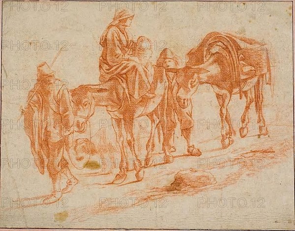 Travelers with Two Mules, n.d., Jan Miel (Flemish, 1599-1663), or Jan Both (Dutch, c. 1618-1652), Netherlands, Red chalk on ivory laid paper, laid down on ivory laid card, 189 x 244 mm