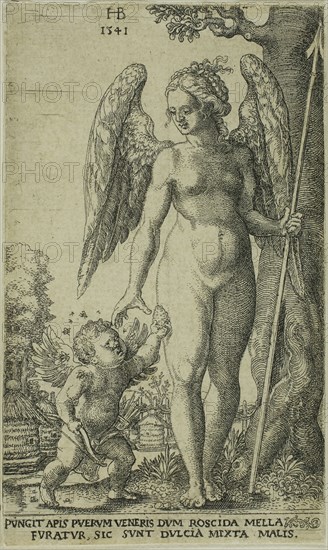 Cupid Bringing and Honeycomb to Venus, 1541, Hans Brosamer, German, c. 1500-1554, Germany, Engraving in black on cream laid paper, 92 x 56 mm (sheet)