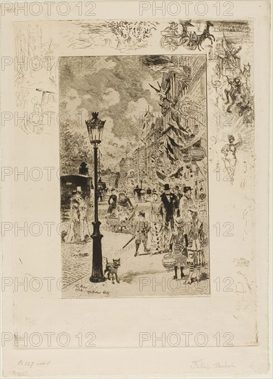 National Holiday on the Boulevard Clichy, 1878, Félix Hilaire Buhot, French, 1847-1898, France, Etching and aquatint on ivory laid paper, 232 × 142 mm (image), 315 × 235 mm (plate), 356 × 256 mm (sheet)