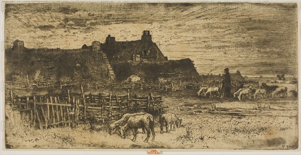 Sheepfold at Sunset, 1881, Félix Hilaire Buhot, French, 1847-1898, France, Etching, drypoint and aquatint on cream chine, hinged to white wove paper, 135 × 271 mm (plate), 139 × 275 mm (chine), 316 × 450 mm (sheet), The Place des Martyrs and the Taverne du Bagne, 1885, Félix Hilaire Buhot, French, 1847-1898, France, Etching and aquatint on tan wove paper, 339 × 449 mm (plate), 395 × 508 mm (sheet)