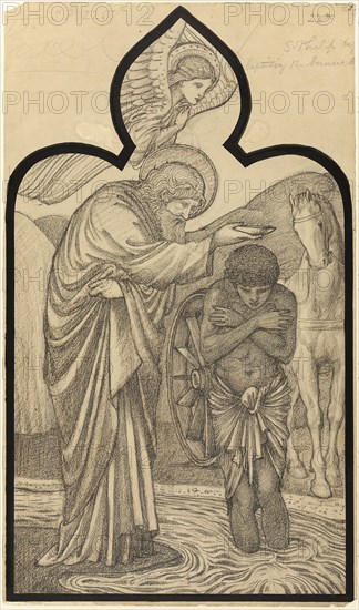 Saint Philip Baptising the Eunuch, 1853/98, Sir Edward Burne-Jones, English, 1833-1898, England, Graphite and charcoal, with brush and black ink and traces of brush and brown gouache on cream wove paper, laid down on cream board, 813 × 478 mm