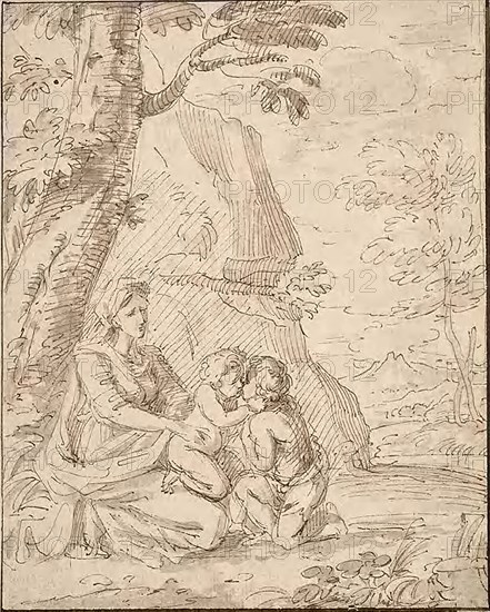 Madonna and Child with the Infant Saint John, n.d., Unknown Italian artist, possibly Circle of Donato Creti (Italian, 1671-1749), possibly Lodovico Carracci (Italian, 1555-1619), Italy, Pen and brown ink with brush and gray wash, on ivory laid paper, laid down on ivory laid paper, 212 x 170 mm