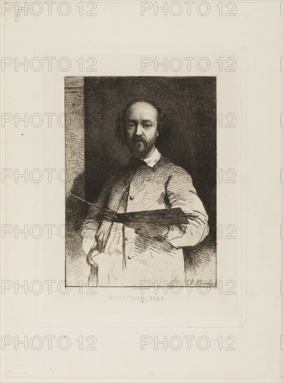 Portrait of Daubigny, 1862, Charles Chaplin, French, 1825-1891, France, Etching on ivory China paper, laid down on ivory wove paper, 266 × 199 mm (chine), 289 × 213 mm (plate), 383 × 283 mm (sheet)