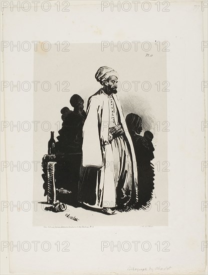 Standing Turk, plate eleven from Ink Sketches by Charlet, 1828, Nicolas Toussaint Charlet (French, 1792-1845), printed by François le Villain (French, active early 19th century), France, Lithograph in black on light gray China paper, laid down on white wove paper, 243 × 180 mm (primary support), 359 × 260 mm (secondary support)