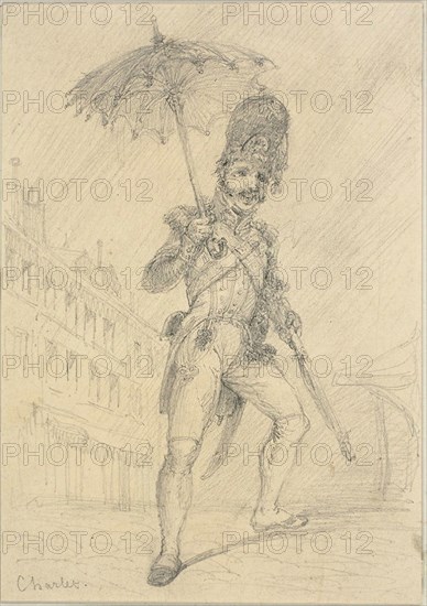 Soldier Holding a Parasol, n.d., Nicolas Toussaint Charlet, French, 1792-1845, France, Graphite on cream wove card, 200 × 142 mm