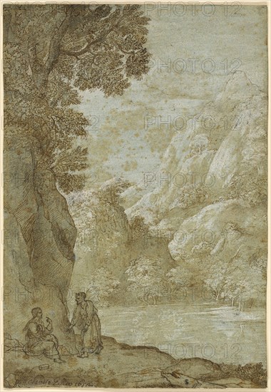 Landscape with the Temptation of Christ, n.d., Possibly Angeluccio (Italian, active 1645-1650), or possibly after Claude Lorrain (French, 1600-1682), France, Pen and brown ink, with brush and brown wash, and black chalk, heightened with lead white (discolored), on blue laid paper, laid down on blue wove paper, 290 × 200 mm