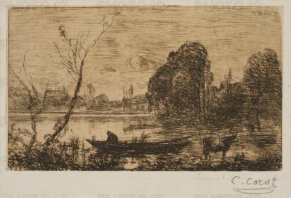 Ville d’Avray: Pond with Boatman, Evening, 1862–63, Jean-Baptiste-Camille Corot, French, 1796-1875, France, Etching and drypoint on cream China paper laid down on white wove card, 79 × 128 mm (plate), 217 × 267 mm (sheet)