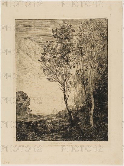 Remembrance of Italy, 1863, Jean-Baptiste-Camille Corot (French, 1796-1875), printed by Auguste Delâtre (French, 1822-1907), published by Cadart et Chevalier, Editeurs (French, 1801-1900), France, Etching on light tan laid paper, 293 × 220 mm (image), 239 × 236 mm (plate), 392 × 292 mm (sheet)