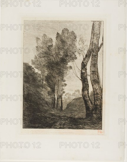 Outskirts of Rome, 1866, Jean-Baptiste-Camille Corot (French, 1796-1875), printed by Auguste Delâtre (French, 1822-1907), published by Cadart et Luquet, Editeurs (French, 1801-1900), France, Etching on ivory China paper laid down on white wove paper, 288 × 210 mm (image), 316 × 235 mm (plate), 433 × 328 mm (sheet)