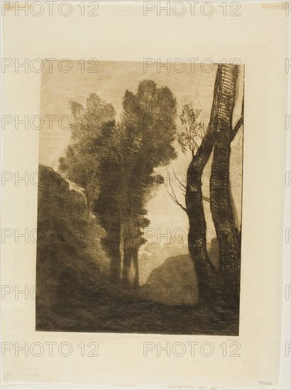 Outskirts of Rome, 1866, Jean-Baptiste-Camille Corot, French, 1796-1875, France, Etching on ivory Japanese paper, 278 × 208 mm (image), 393 × 282 mm (sheet)