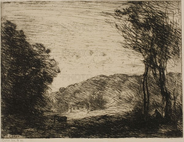 Wooded Countryside, 1866, Jean-Baptiste-Camille Corot, French, 1796-1875, France, Etching on ivory laid paper, 110 × 138 mm (image), 167 × 263 mm (sheet)