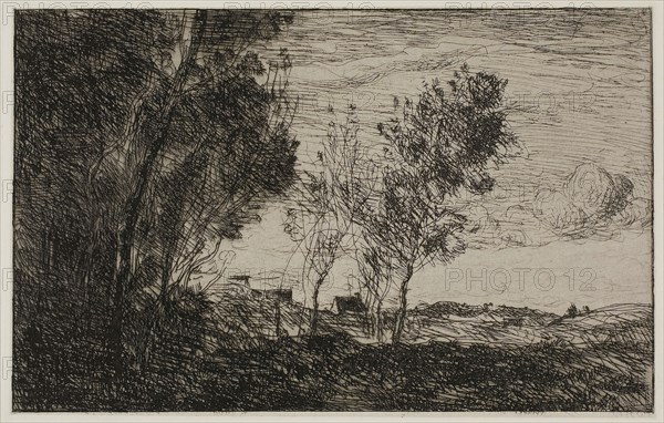 In the Dunes: Souvenir of the Woods of the Hague, 1869, Jean-Baptiste-Camille Corot, French, 1796-1875, France, Etching on ivory laid paper laid down on ivory laid paper (chine collé), 122 × 191 mm (chine), 130 × 197 mm (plate), 275 × 386 mm (sheet)