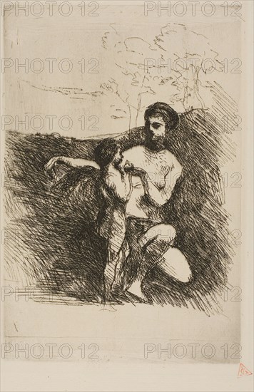 Venus Clipping Cupid’s Wings, second plate, 1869–70, Jean-Baptiste-Camille Corot, French, 1796-1875, France, Etching on ivory laid paper, 238 × 160 mm (plate), 390 × 280 mm (sheet)