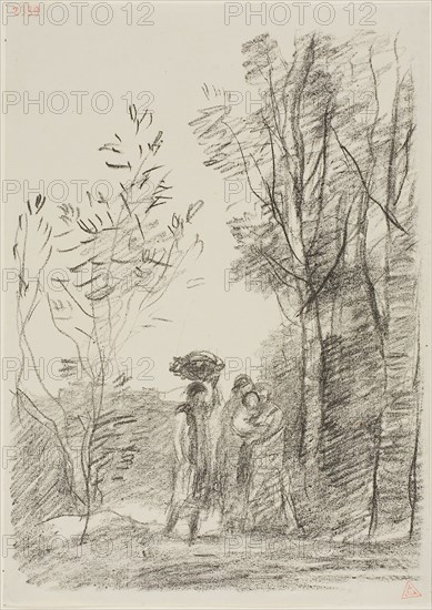 Meeting in the Woods, 1871, Jean-Baptiste-Camille Corot, French, 1796-1875, France, Transfer lithograph on cream China paper laid down on white wove paper, 272 × 205 mm (image), 295 × 211 mm (sheet)