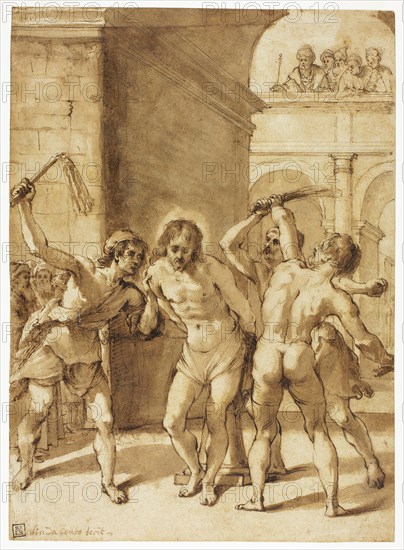 Flagellation of Christ, n.d., School of Guercino, Italian, 1591-1666, Italy, Pen and brown ink, with brush and brown wash and traces of graphite, on cream laid paper, laid down on cream laid paper, 369 x 266 mm