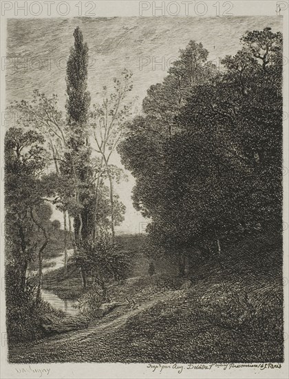 The Banks of the Cousin, 1850, Charles François Daubigny, French, 1817-1878, France, Etching on light gray chine laid down on white wove paper, 147 × 118 mm (image), 177 × 135 mm (chine), 186 × 147 mm (plate), 417 × 312 mm (sheet)