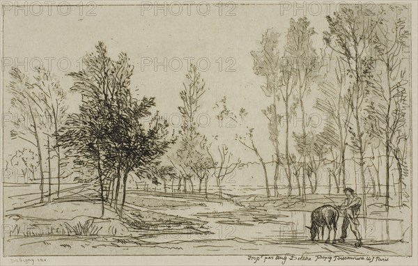 The Donkey at the Watering Place, c. 1850, Charles François Daubigny, French, 1817-1878, France, Etching and aquatint on cream Japanese paper, 95 × 155 mm (image), 129 × 178 mm (plate), 262 × 393 mm (sheet)