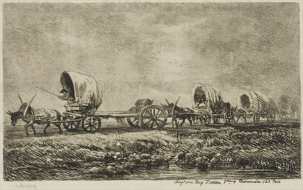 Covered Wagons (Souvenir of the Morvan), 1850, Charles François Daubigny, French, 1817-1878, France, Etching and roulette on cream Japanese paper, 90 × 152 mm (image), 118 × 178 mm (plate), 393 × 262 mm (sheet)