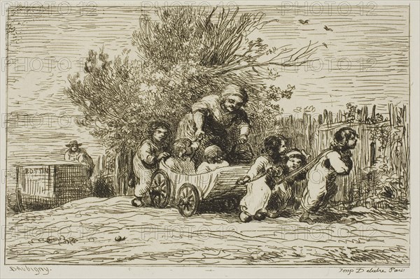 The Heritage of the Wagon (The Children with the Wagon), 1861, Charles François Daubigny, French, 1817-1878, France, Etching on ivory laid paper, 125 × 176 mm (plate), 217 × 295 mm (sheet)