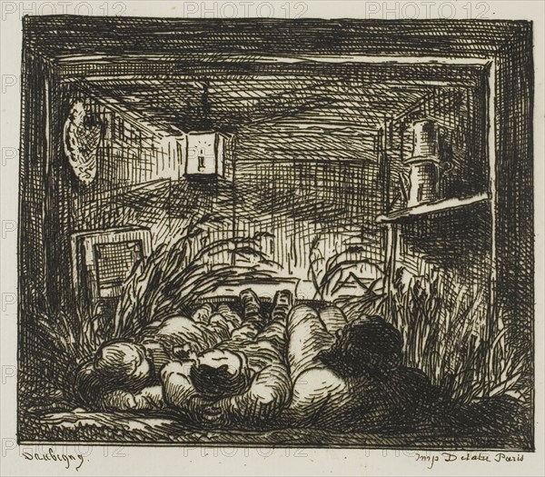 Bedding Down on the Boat (Night on the boat), 1861, Charles François Daubigny, French, 1817-1878, France, Etching on ivory laid paper, 100 × 119 mm (image), 133 × 138 mm (plate), 222 × 252 mm (sheet)