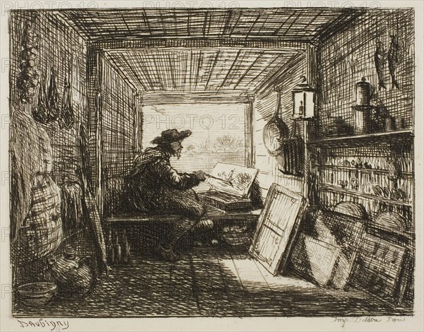 The Boat Studio, from The Boat Trip, 1861, Charles François Daubigny, French, 1817-1878, France, Etching on ivory laid paper, 101 × 132 mm (image), 130 × 177 mm (plate), 220 × 299 mm (sheet)