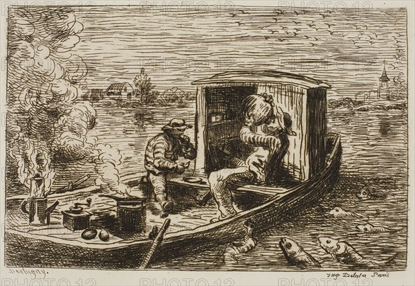 Swallowing (Meal on the Boat), 1861, Charles François Daubigny, French, 1817-1878, France, Etching on ivory laid paper, 130 × 172 mm (plate), 217 × 287 mm (sheet)