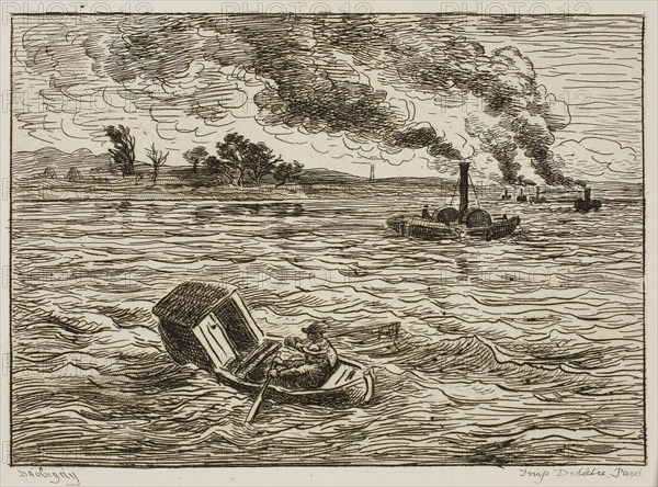 The Steamboats (Steamy Harbor), 1861, Charles François Daubigny, French, 1817-1878, France, Etching on ivory laid paper, 110 × 154 mm (image), 139 × 175 mm (plate), 225 × 307 mm (sheet)
