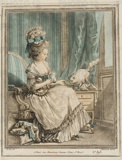 The Cat’s Repast, 1778/79, Gilles-Antoine Demarteau (French, c. 1750-1802), after Jean-Baptiste Huet (French, 1745-1811), France, Color crayon-manner engraving, with hand-coloring, on ivory laid paper, 215 × 168 mm (image), 222 × 170 mm (sheet, cut within plate mark)