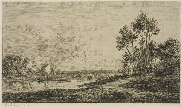 The Seine at Port-Maurin, 1876, Charles François Daubigny, French, 1817-1878, France, Etching and drypoint on cream laid paper, 128 × 222 mm (image), 198 × 278 mm (plate), 286 × 402 mm (sheet)