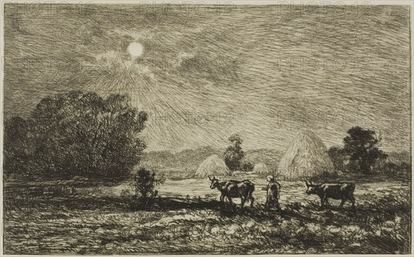 Moonlight at Valmondois, 1877, Charles François Daubigny, French, 1817-1878, France, Etching and drypoint on ivory Japanese paper, 136 × 220 mm (image), 170 × 241 mm (plate), 285 × 432 mm (sheet)