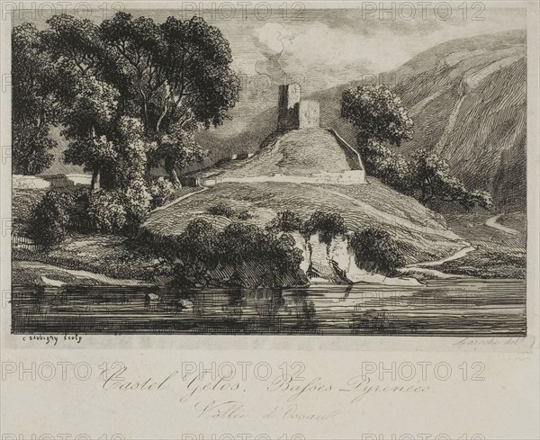 Castel Gélos (Vallée d’Ossau), c. 1847, Charles François Daubigny (French, 1817-1878), after Ernesto Laroche (Uruguayan, 1879-1940), France, Etching and engraving on off-white chine laid down on off-white wove paper, 76 × 119 mm (image), 135 × 180 mm (plate), 177 × 225 mm (sheet)