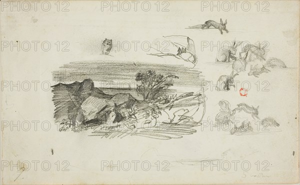 Sketches: Rocky Setting and Rabbits, n.d., Charles François Daubigny, French, 1817-1878, France, Graphite on ivory wove paper, 118 × 191 mm