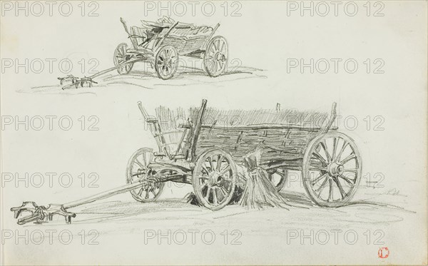 Two Sketches of an Ox Cart, c. 1850, Charles François Daubigny, French, 1817-1878, France, Graphite on ivory wove paper, 125 × 200 mm
