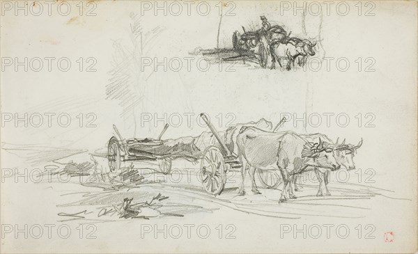 Two Sketches of Oxen Hauling a Log, n.d., Charles François Daubigny, French, 1817-1878, France, Graphite on ivory wove paper, 124 × 202 mm